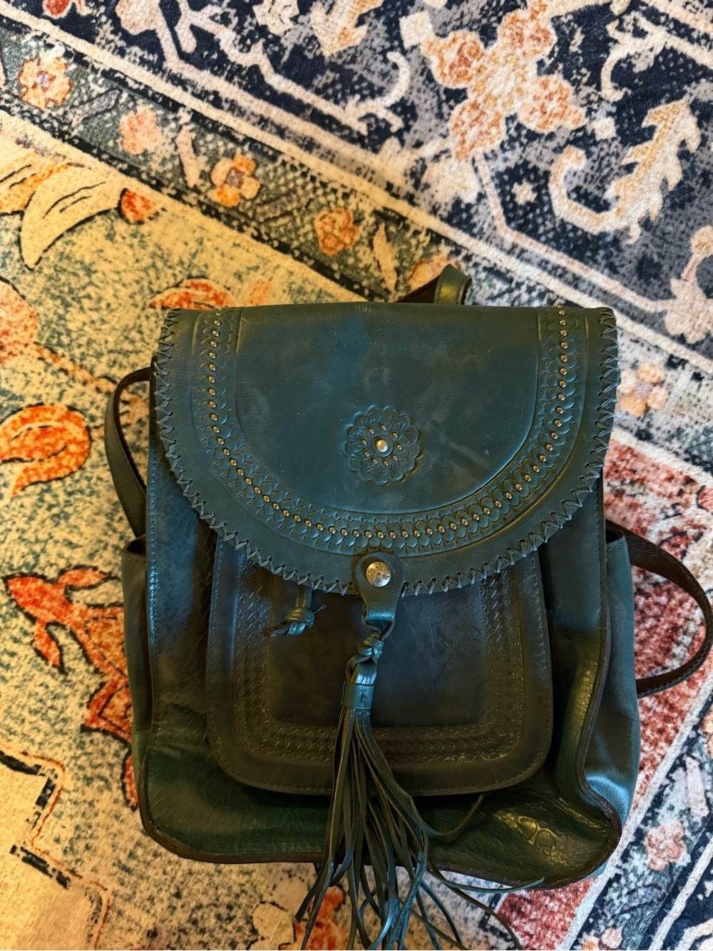 Patricia Nash Olive Green Leather Backpack with Tassel and Scalloped Flap